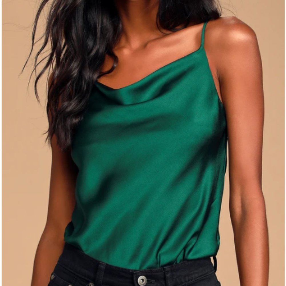 She + Sky Emerald Green Satin Cowl Neck Bodysuit
